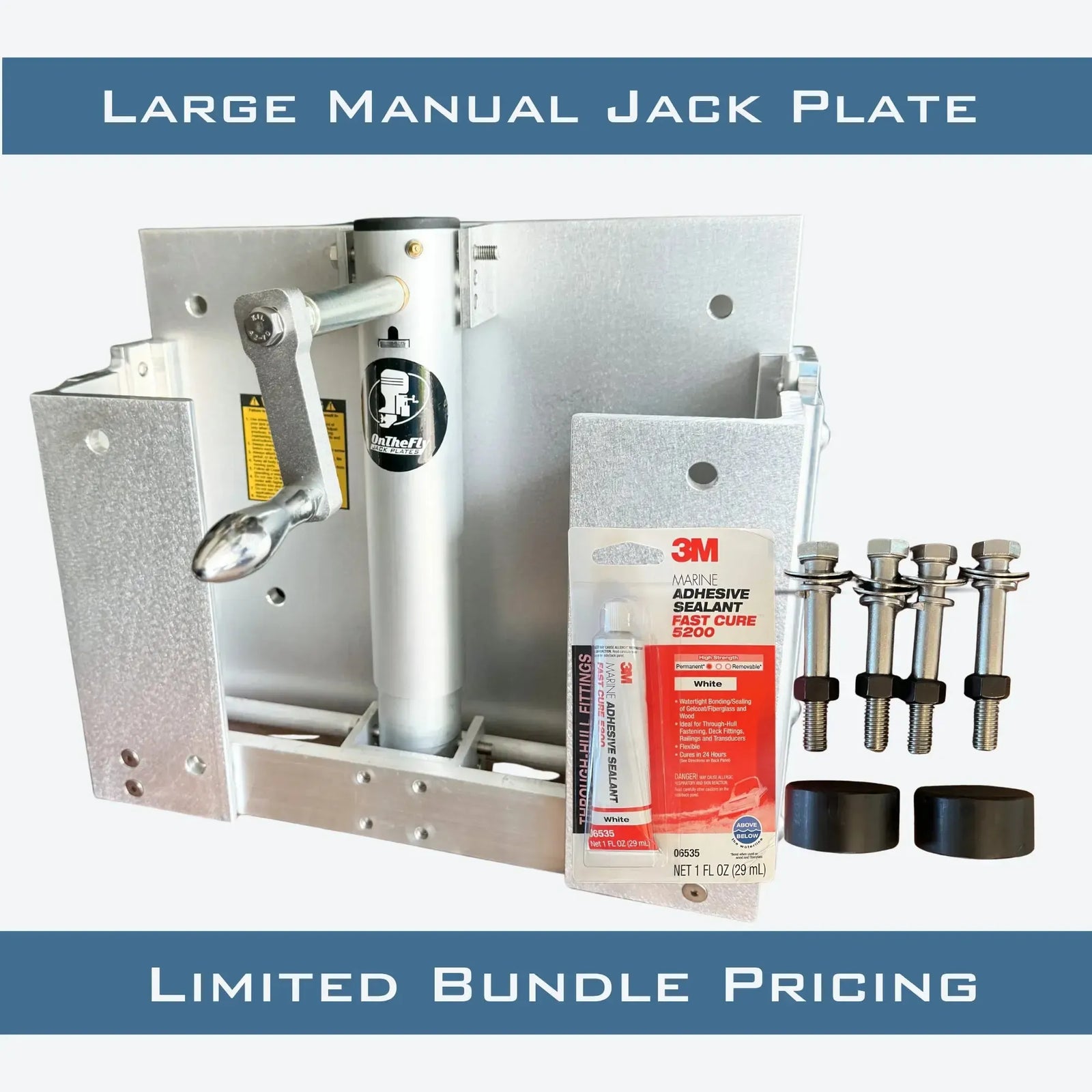 Silver OnTheFly manual jackplate with handle, 3M sealant, stainless steel bolts, and black motor clamp spacers.