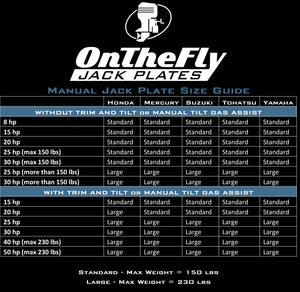 OnTheFly Jack Plates manual size guide for Honda, Mercury, Suzuki, Tohatsu, and Yamaha outboards.