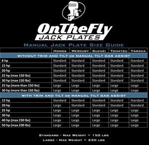 OnTheFly Jack Plates manual size guide for Honda, Mercury, Suzuki, Tohatsu, and Yamaha outboards.