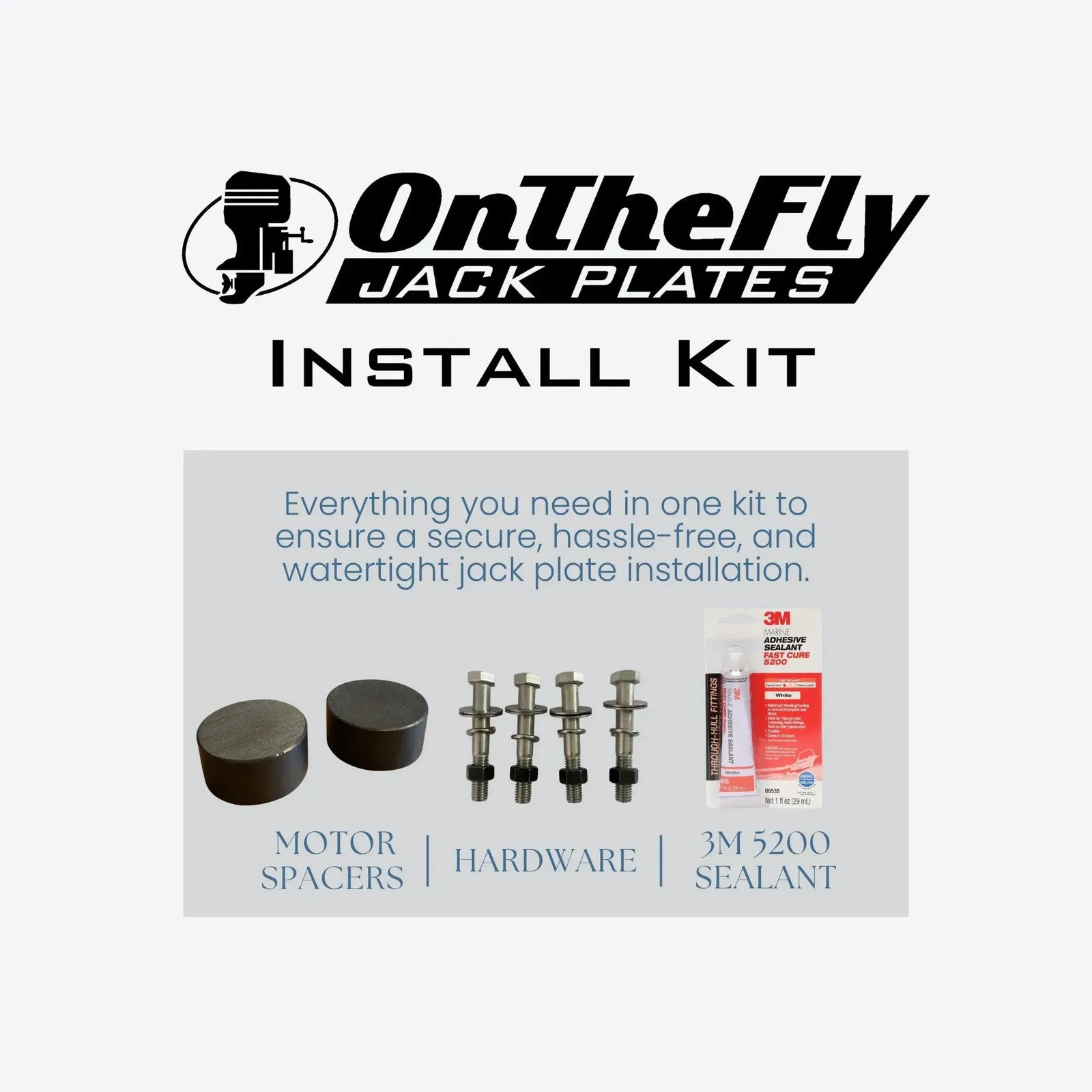 Silver OnTheFly manual jackplate with handle, 3M sealant, stainless steel bolts, and black motor clamp spacers.