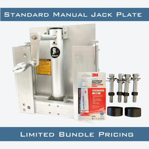 Silver OnTheFly manual jackplate with handle, 3M sealant, stainless steel bolts, and black motor clamp spacers.