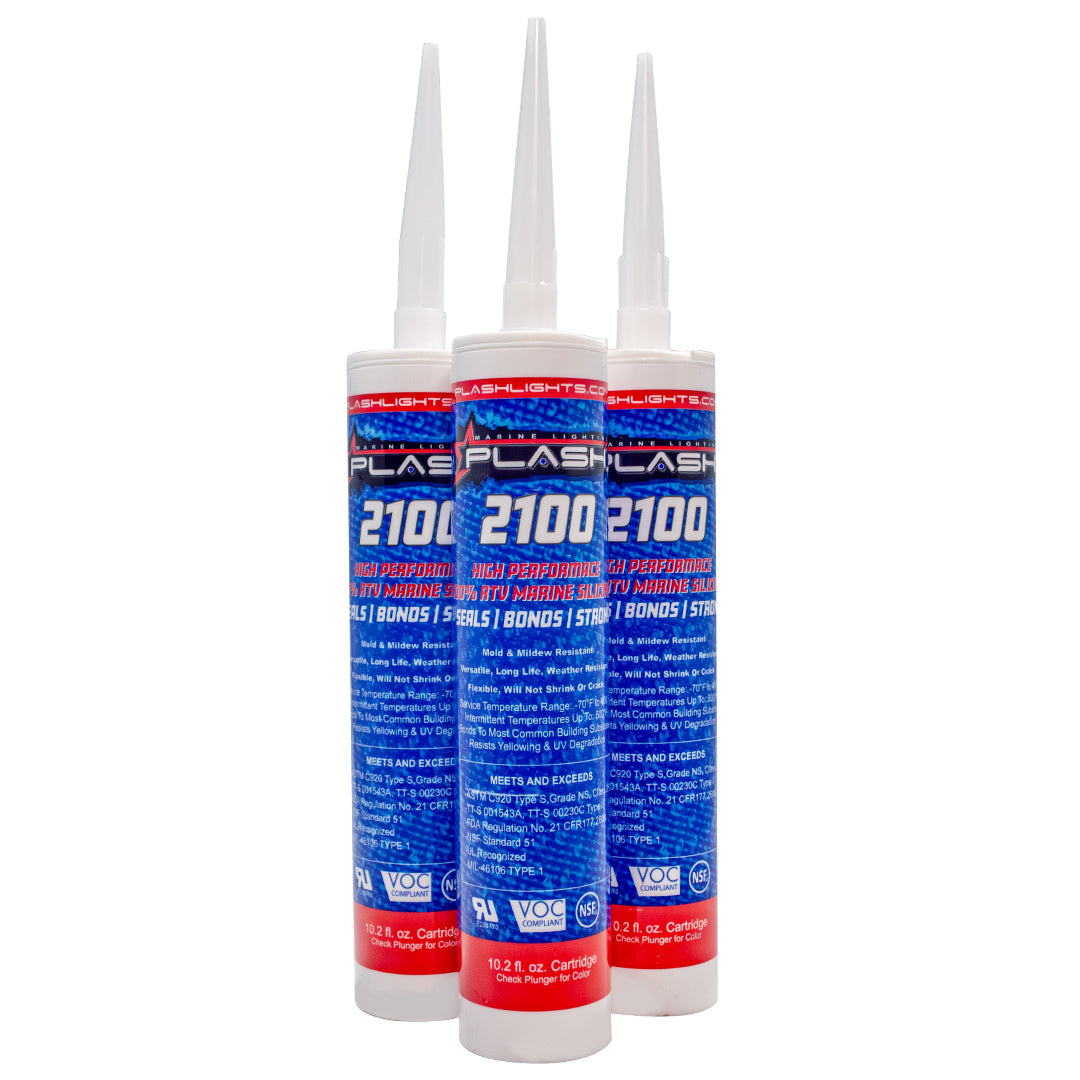 PLASH 2100 Marine 100% RTV Silicone Sealant, 10.2 oz white cartridge with blue and red label.