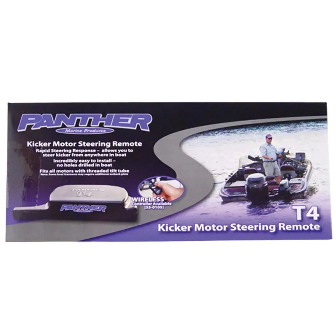 Panther T4 Kicker Motor Steering Remote box, black with product details and boat image.