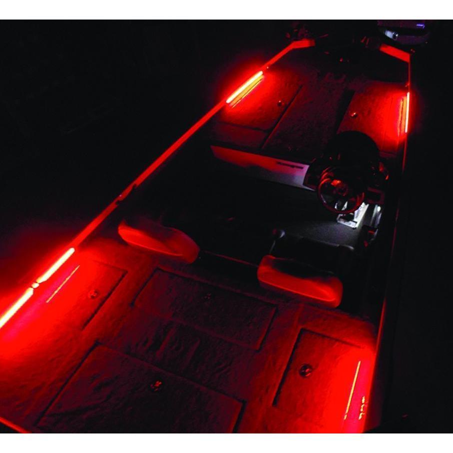 Boat interior illuminated with red PlashLights LED linear channel and strip lights.