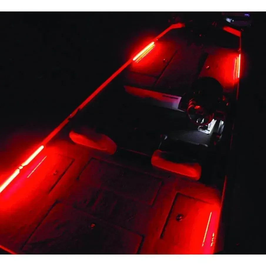 Boat interior illuminated with red PlashLights LED linear channel and strip lights.