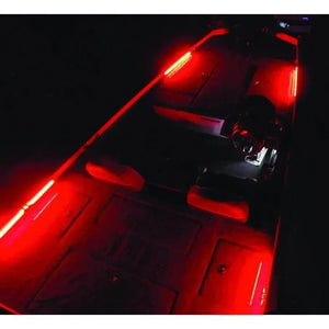 Boat interior illuminated with red PlashLights LED linear channel and strip lights.