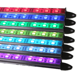 Close-up of six PlashLights 16" linear waterproof RGB LED channel lights in various colors.