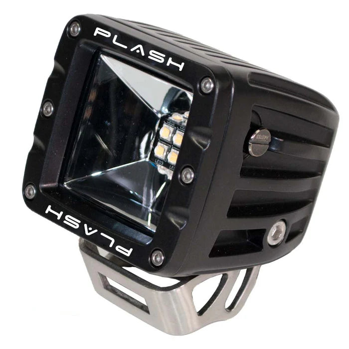 Black PlashLights 2" 40W fishing cube light with warm white LEDs and a silver mounting bracket.