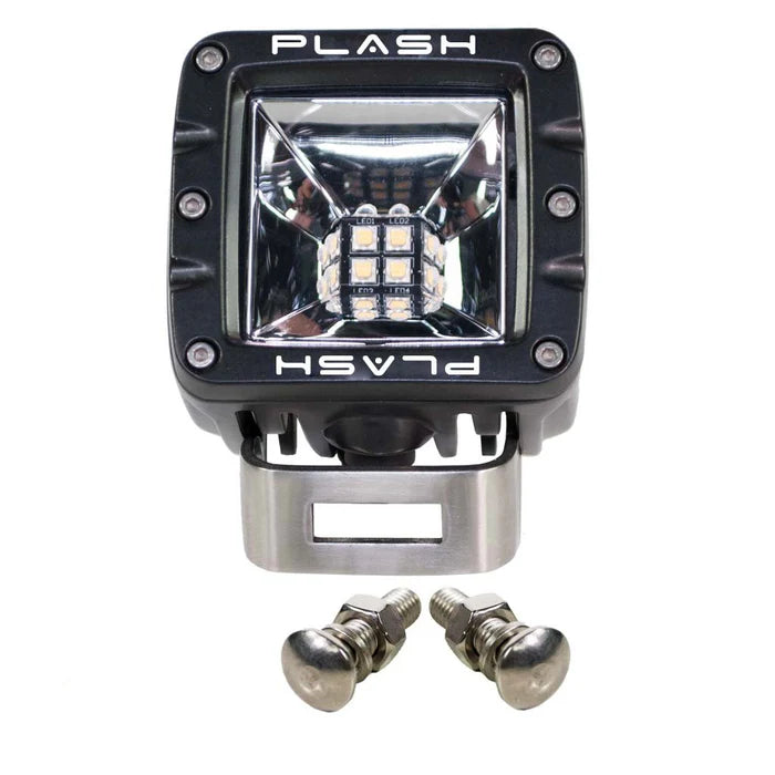 Black PlashLights 2" 40W fishing cube light with warm white LEDs and a silver mounting bracket.
