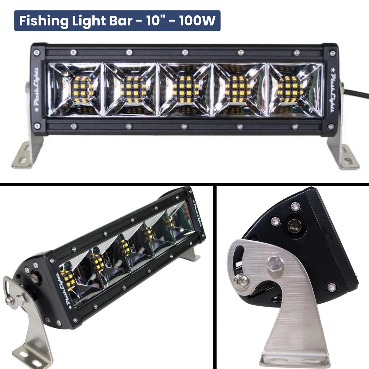 Black 10" PlashLights fishing light bar with five bright LED sections and stainless steel mounting brackets.