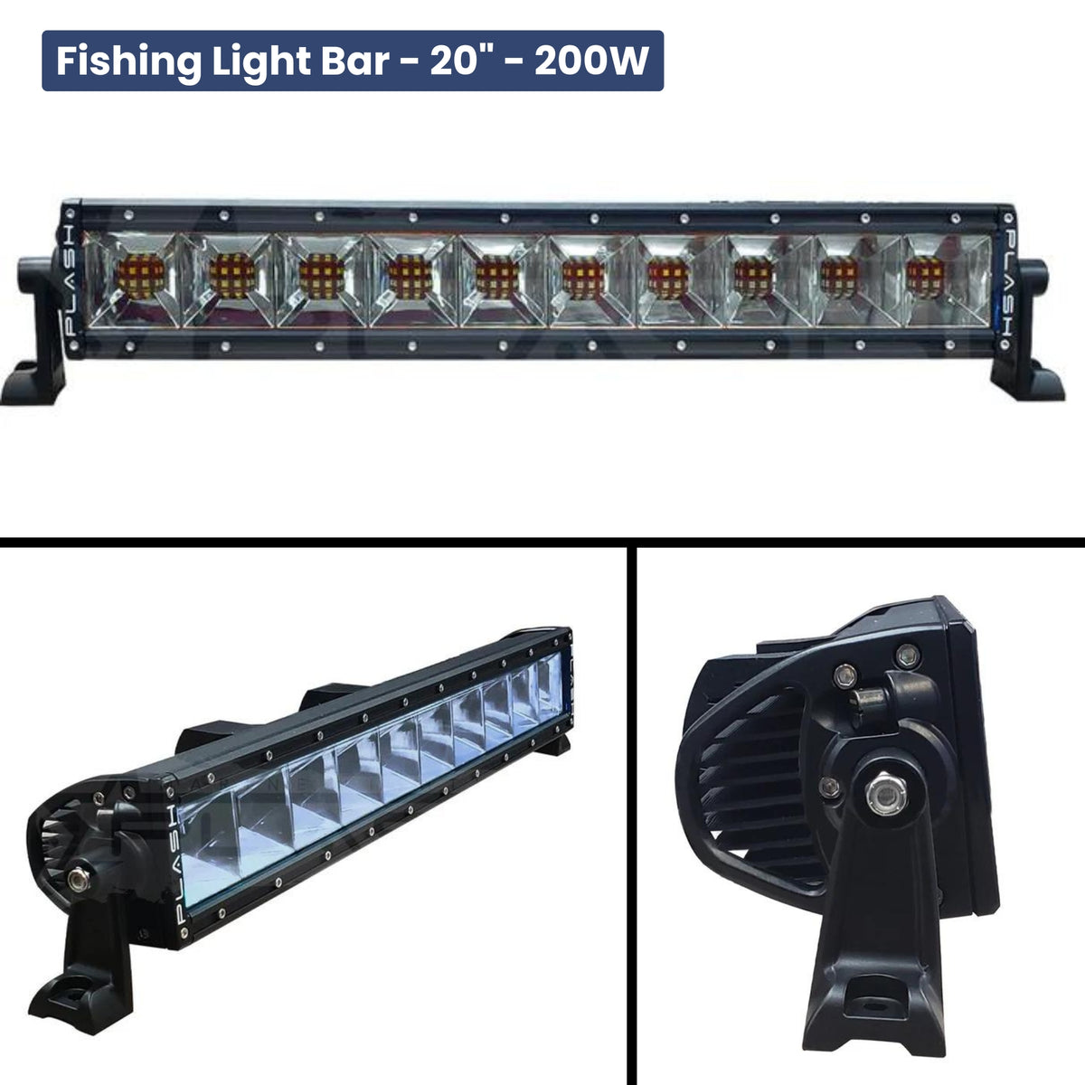 Black PlashLights 20" 200W fishing light bar with 8 square LED lenses and adjustable cast aluminum feet.