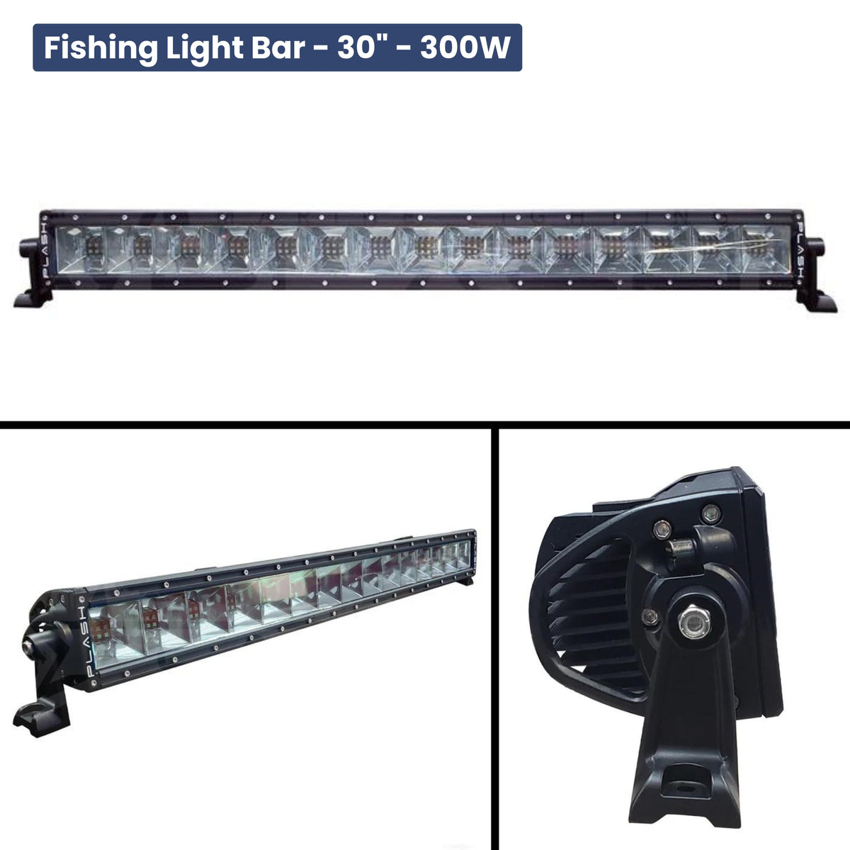 Black 30" PlashLights Fishing Light Bar with multiple LED lights, cast aluminum feet, and stainless steel hardware.