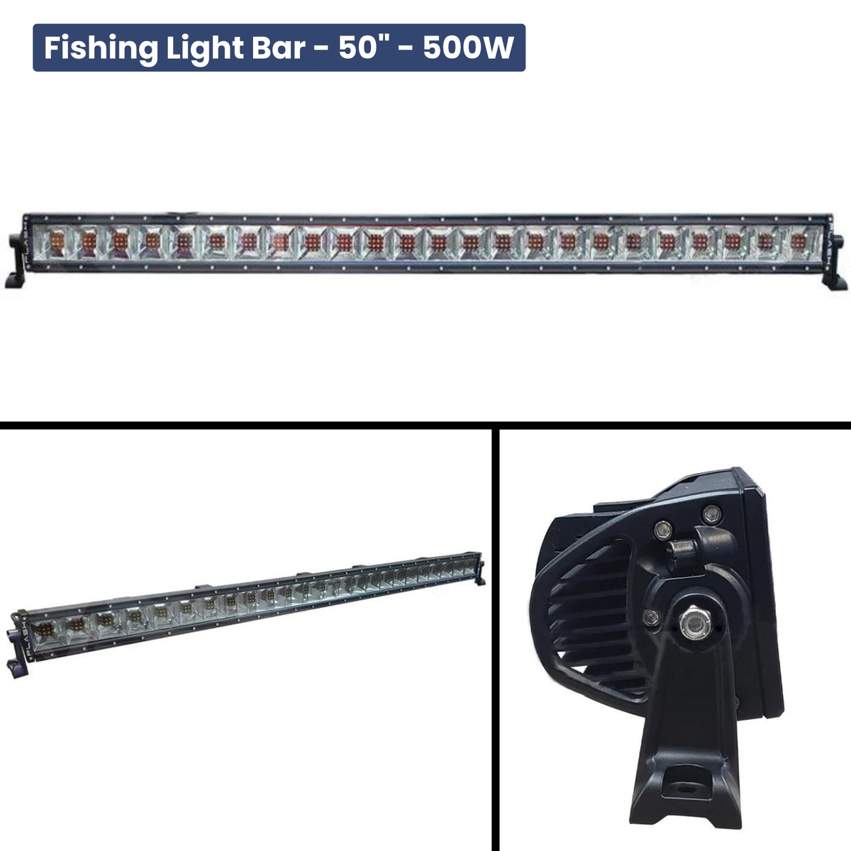 PlashLights 50" 500W fishing light bar with black extruded aluminum body and clear polycarbonate lens.