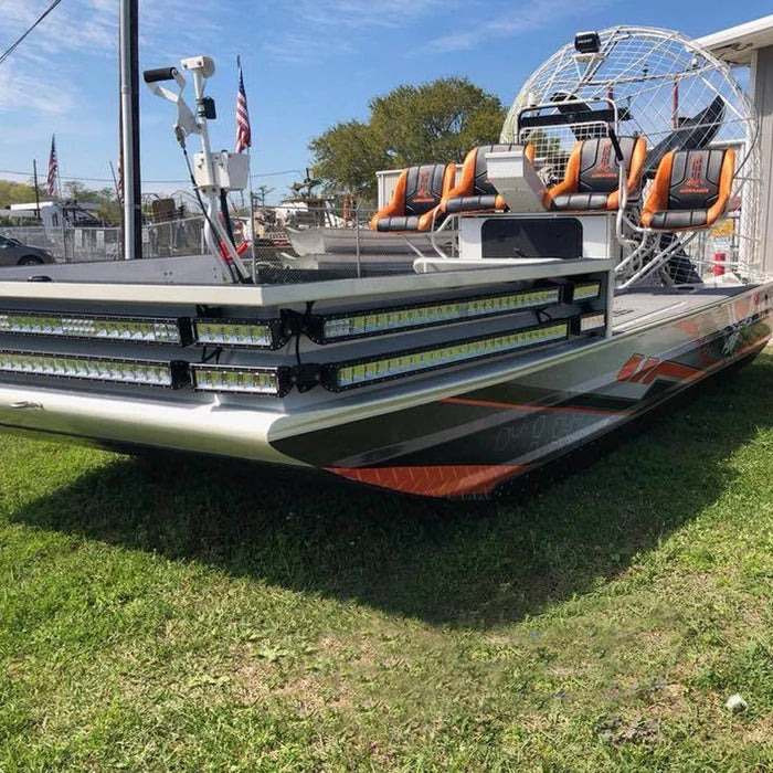 PlashLights Fishing Light Bar, 40" 400W, mounted on a white and orange airboat.
