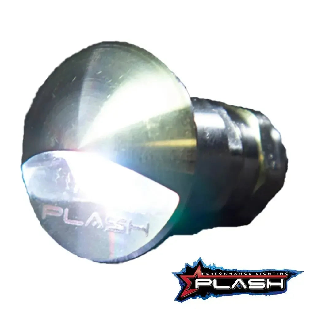 PlashLights flush-mounted LED step light with a brushed stainless steel housing and curved reflector.