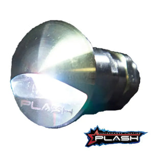PlashLights flush-mounted LED step light with a brushed stainless steel housing and curved reflector.