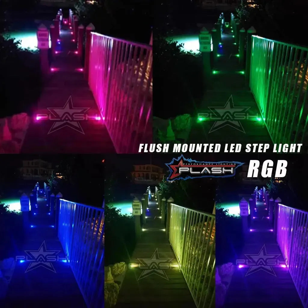 PlashLights RGB flush-mounted LED step lights illuminating a dock in various colors: magenta, green, blue, yellow, and purple.