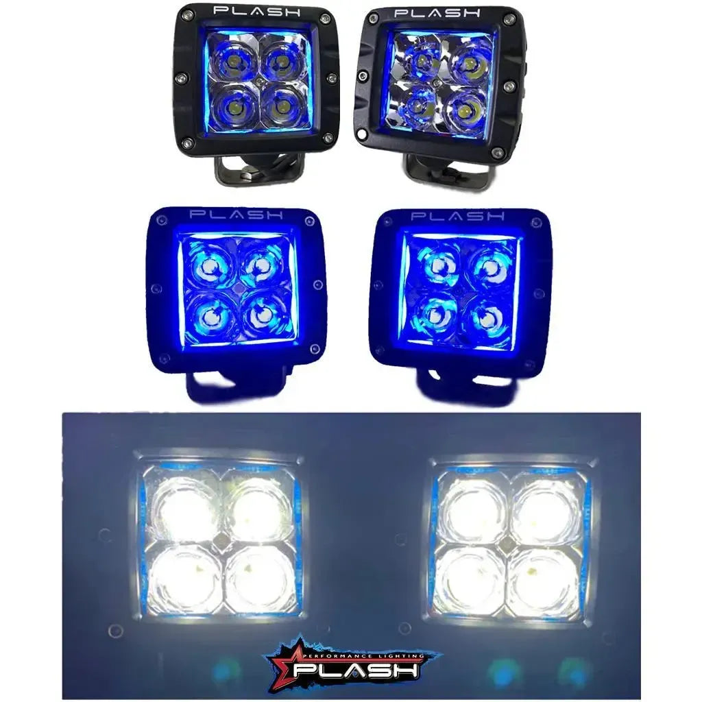 Pair of black PlashLights RGB back-lit cube lights with blue and white LED illumination.