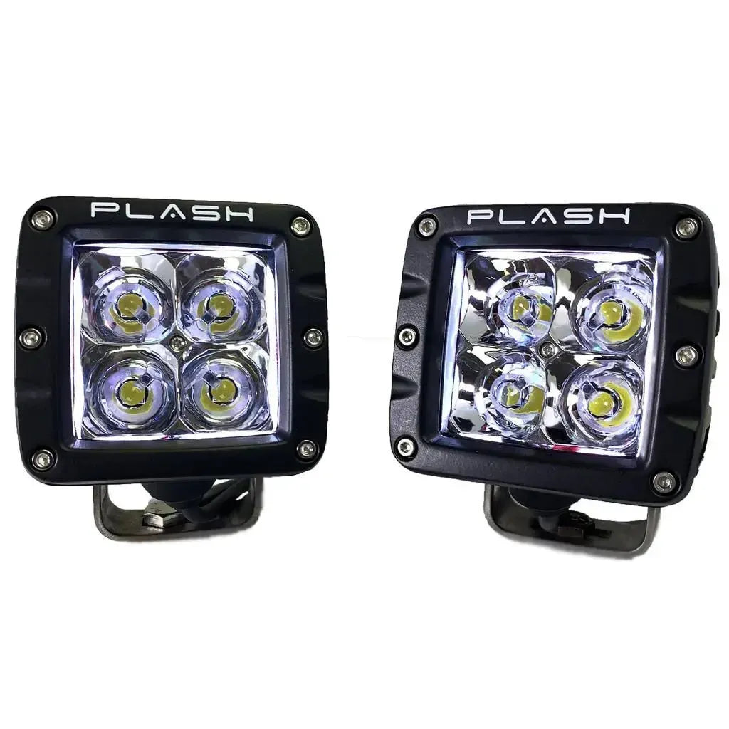 Pair of black PlashLights RGB back-lit cube lights with four bright white LEDs and stainless steel brackets.