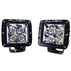 Pair of black PlashLights RGB back-lit cube lights with four bright white LEDs and stainless steel brackets.