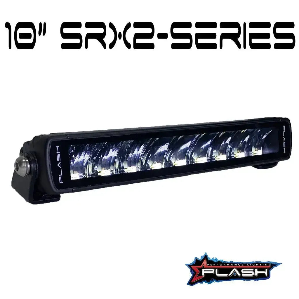 10" Plashlight SRX2-Series black single row LED light bar with chrome mounting brackets.