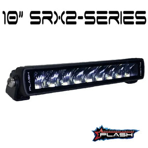 10" Plashlight SRX2-Series black single row LED light bar with chrome mounting brackets.