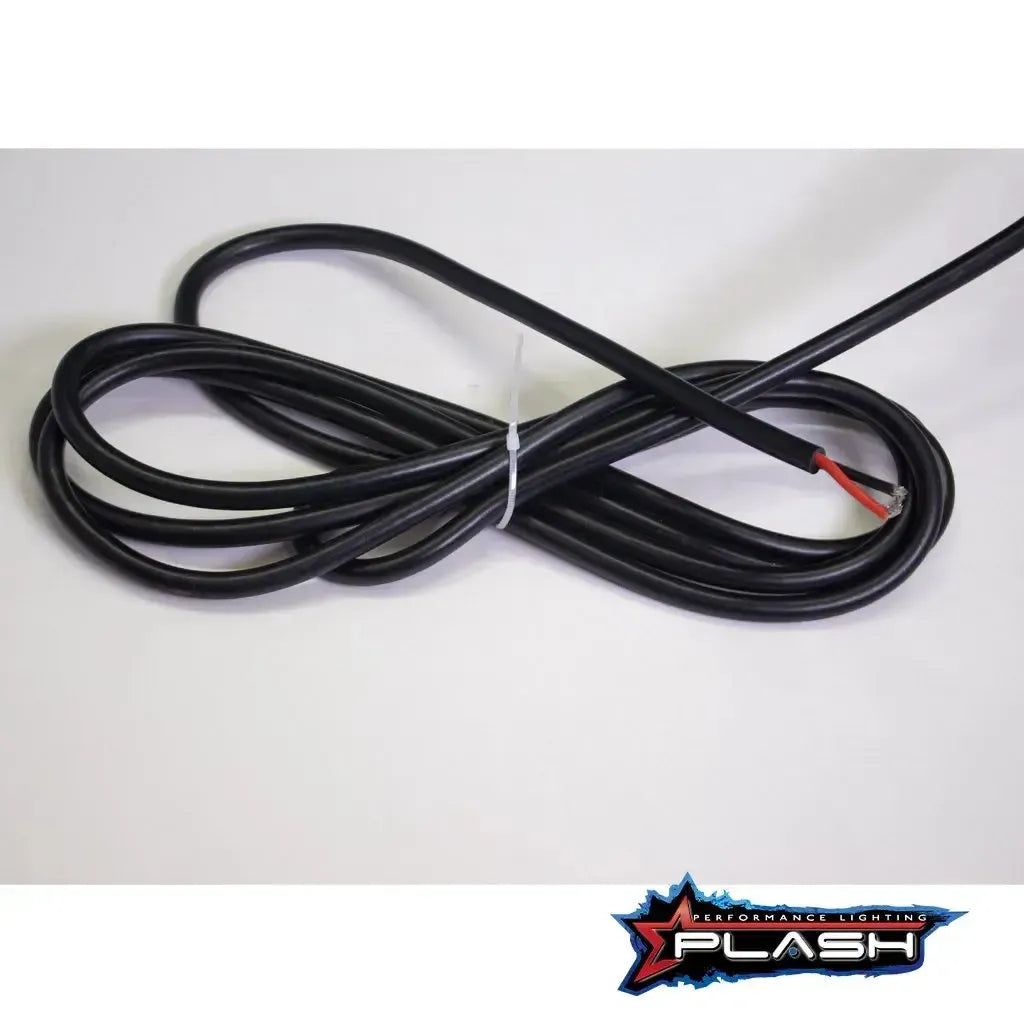 Coiled black 9ft power wire for Plashlight SRX2 LED light bar, with exposed red and black leads.