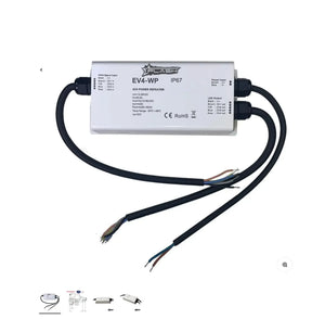 White Plashlights EV4-WP IP67 4CH power repeater amplifier with black waterproof cables and exposed wires.