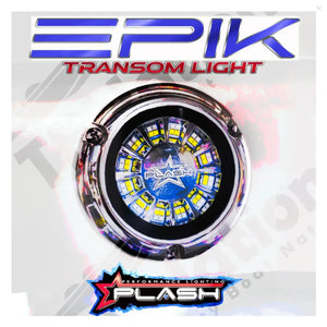 Plashlights EPIK dual color LED underwater transom light with 316 stainless steel housing.