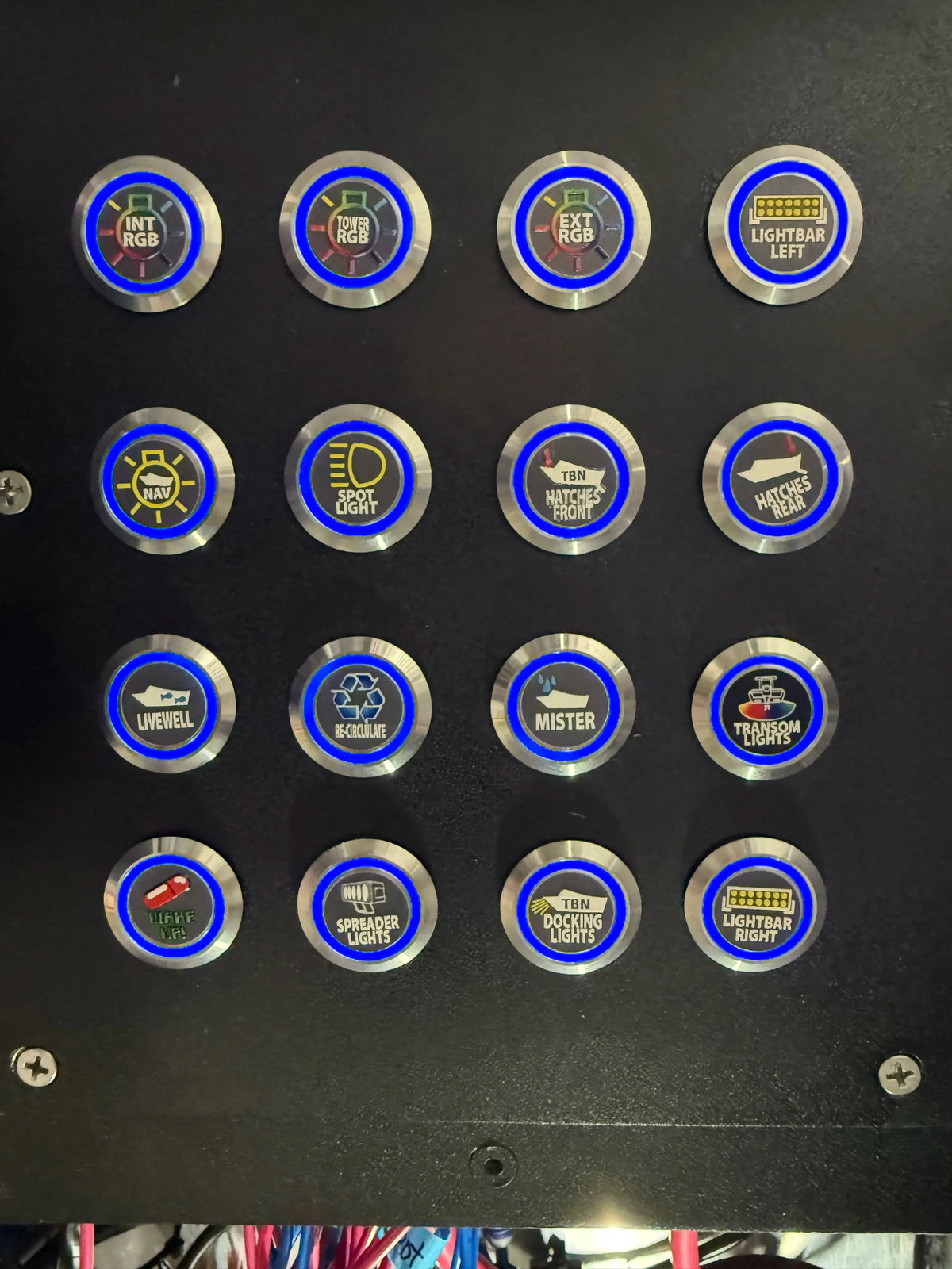 Plashlights REVERT 22mm marine switches with blue LED rings, custom labels, and metal bodies on a black panel.