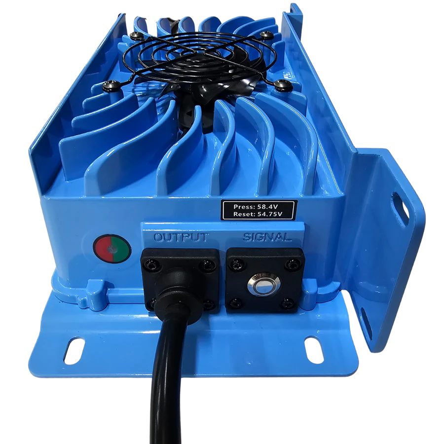 Blue Power House 48V 16A lithium battery charger with a black cooling fan and ribbed design.