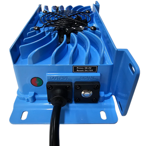 Blue Power House 48V 16A lithium battery charger with cooling fins, fan, and output ports.
