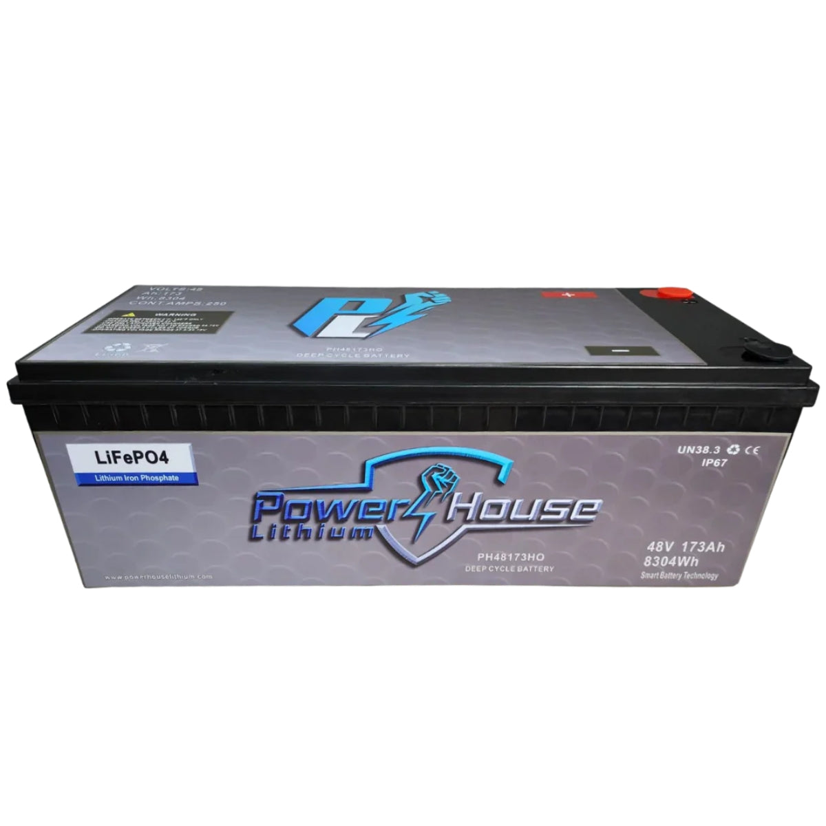 Power House 48v 173ah LiFePo4 lithium deep cycle battery with black casing and blue logo.