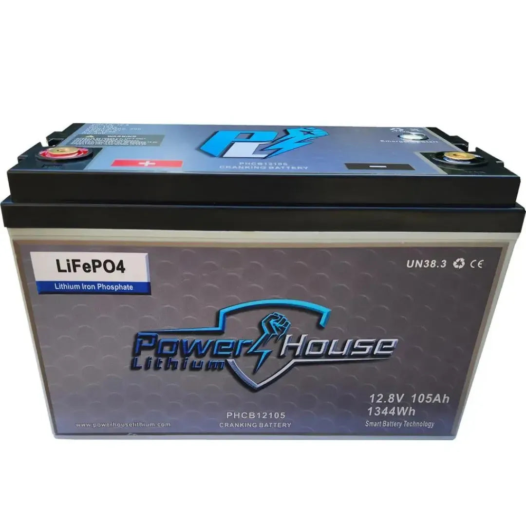 Power House Lithium 12V 105Ah cranking battery with emergency start button, black casing, and blue logo.