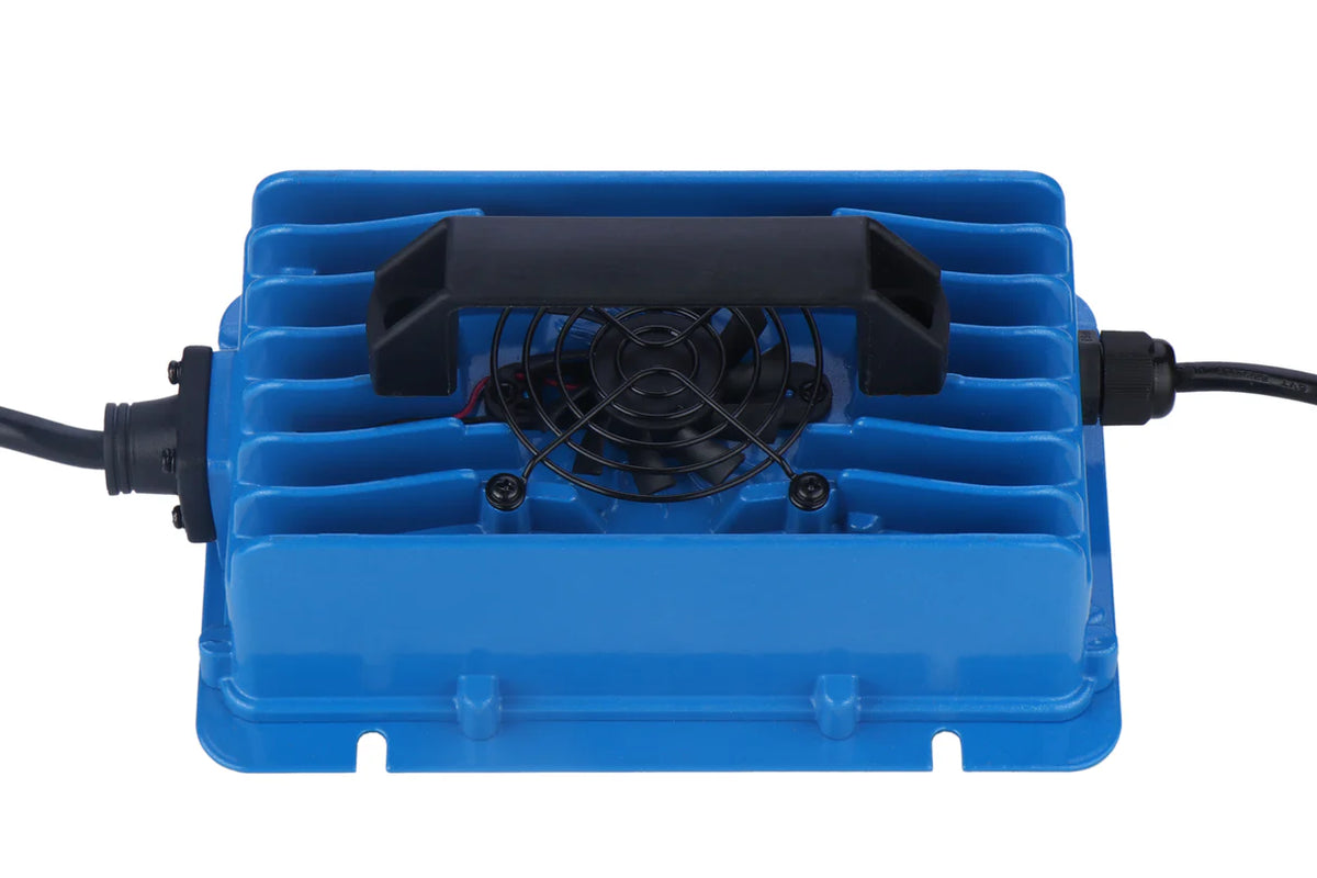 Blue Power House 48V 10A lithium battery charger with cooling fan and ribbed design.