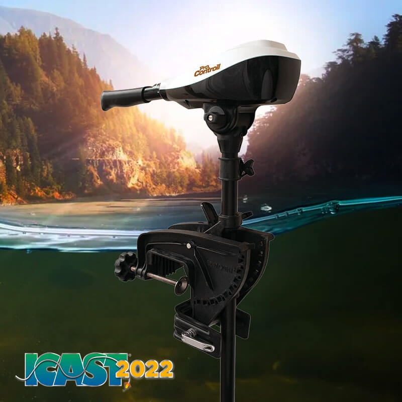 White and black Pro Controll L-type 50lb thrust trolling motor with a 36" shaft.