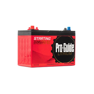 Red and black Pro-Guide 31M100-ST Lithium Starting Battery with brass dual-terminals.