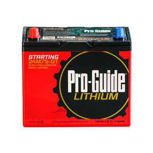 Red and black Pro-Guide Lithium 24M75-ST starting battery with brass terminals.