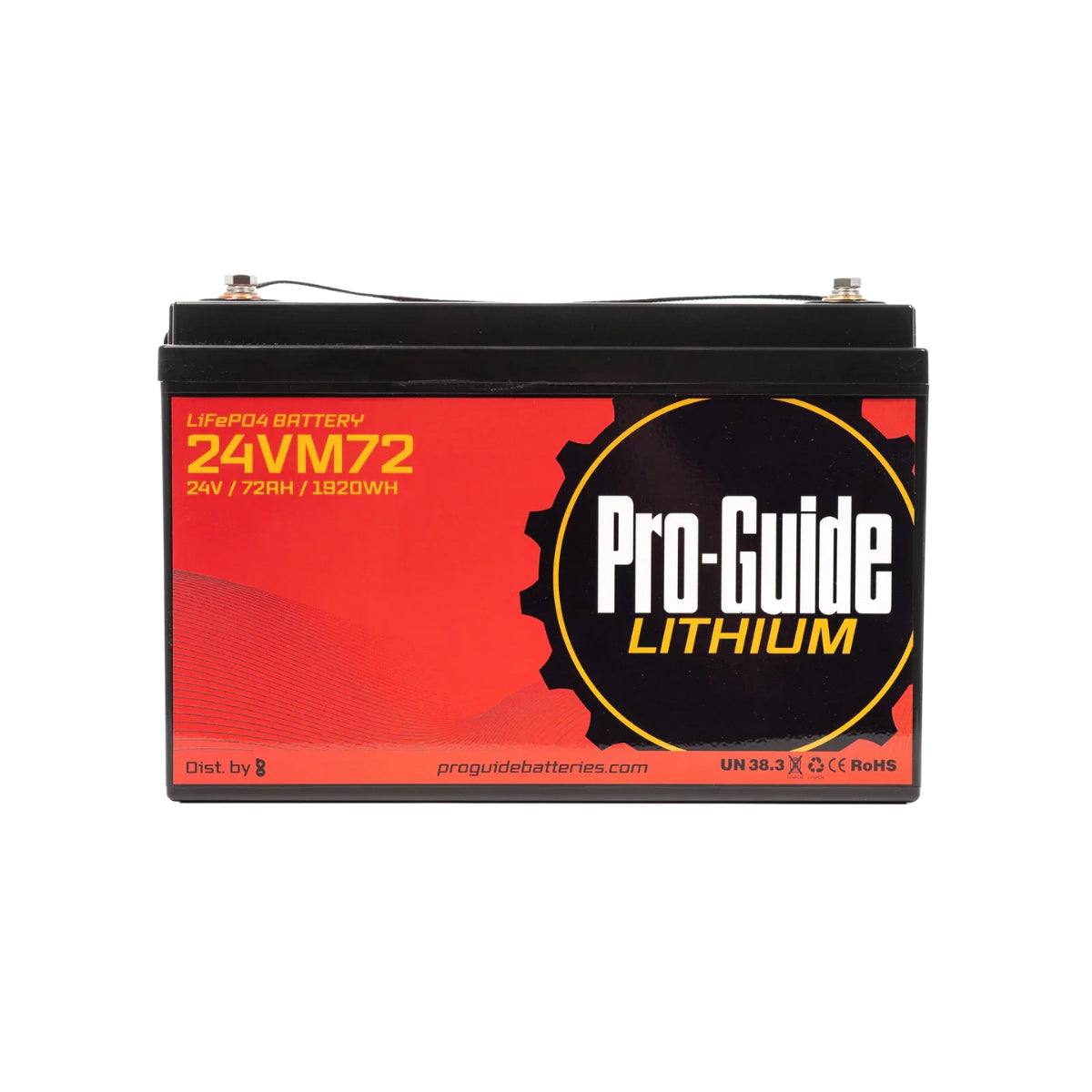 Pro-Guide 24VM72 lithium battery with black casing and red label, featuring M8 threaded terminals.