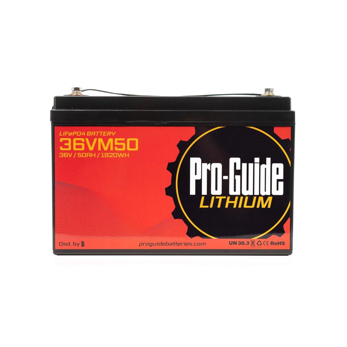 Black Pro-Guide 36V 50Ah lithium battery with red and black label, M8 terminals.