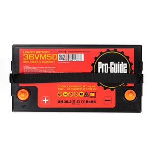 Black Pro-Guide 36V 50Ah LiFePO4 lithium battery with red label, orange terminals, and carrying strap.