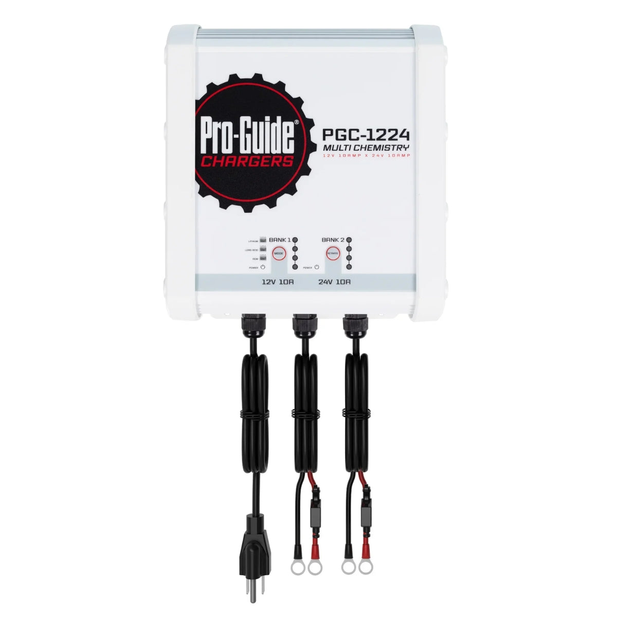 White Pro-Guide PGC-1224 multi-chemistry battery charger with three black output cables.