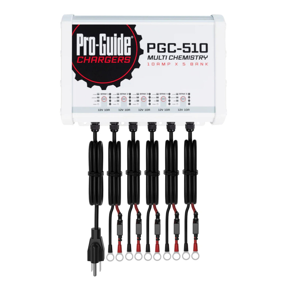 White Pro-Guide PGC-1224 multi-chemistry battery charger with three black output cables.