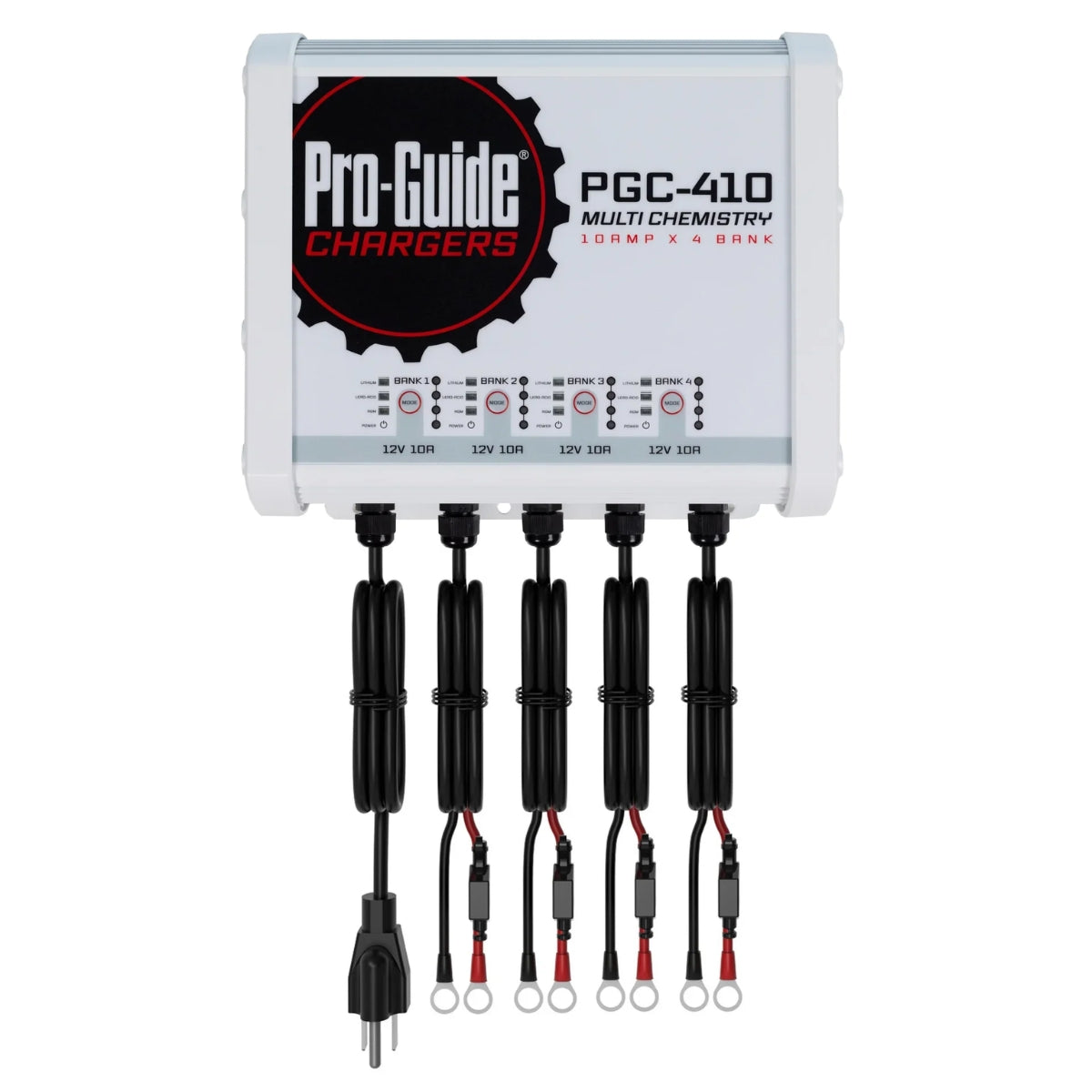 White Pro-Guide PGC-410 4-bank multi-chemistry battery charger with black cables and ring terminals.