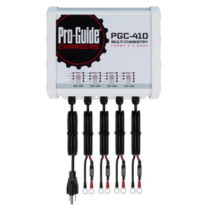 White Pro-Guide PGC-410 4-bank multi-chemistry battery charger with black cables and ring terminals.