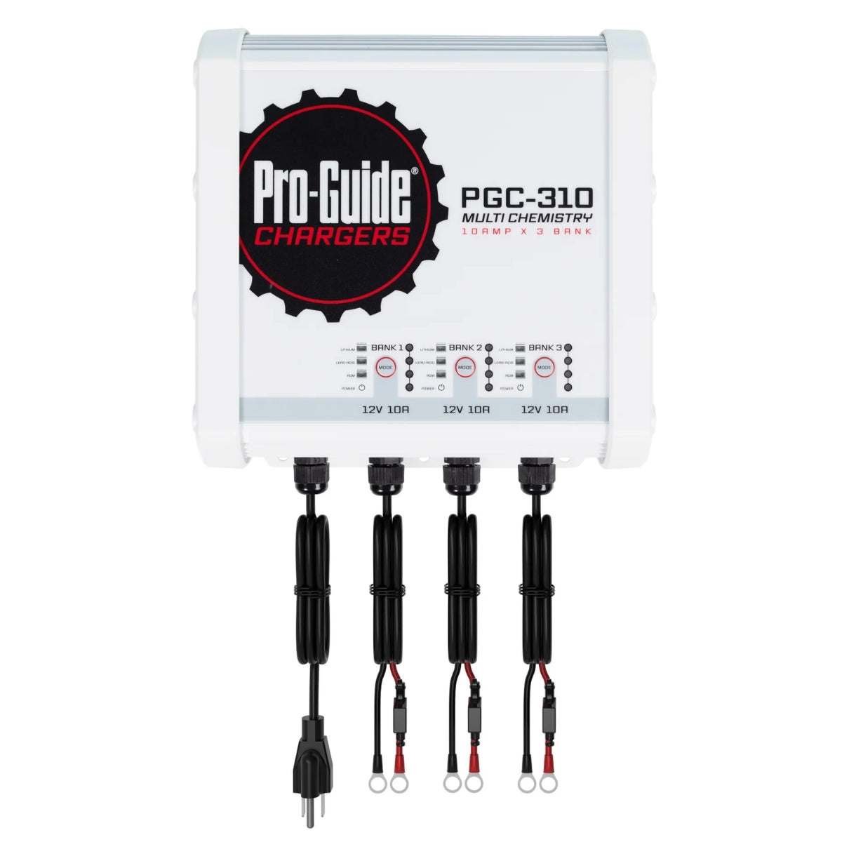 White Pro-Guide PGC-310 3-bank multi-chemistry battery charger with black cables and red/black terminals.