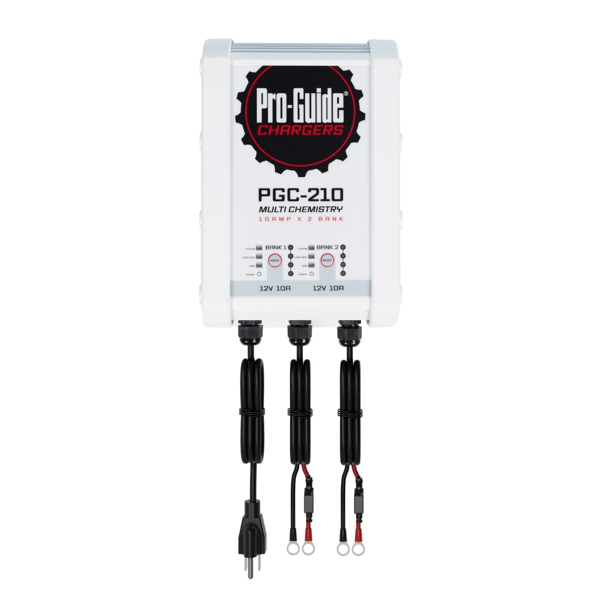 White Pro-Guide PGC-210 2-bank multi-chemistry battery charger with black cables and ring terminals.