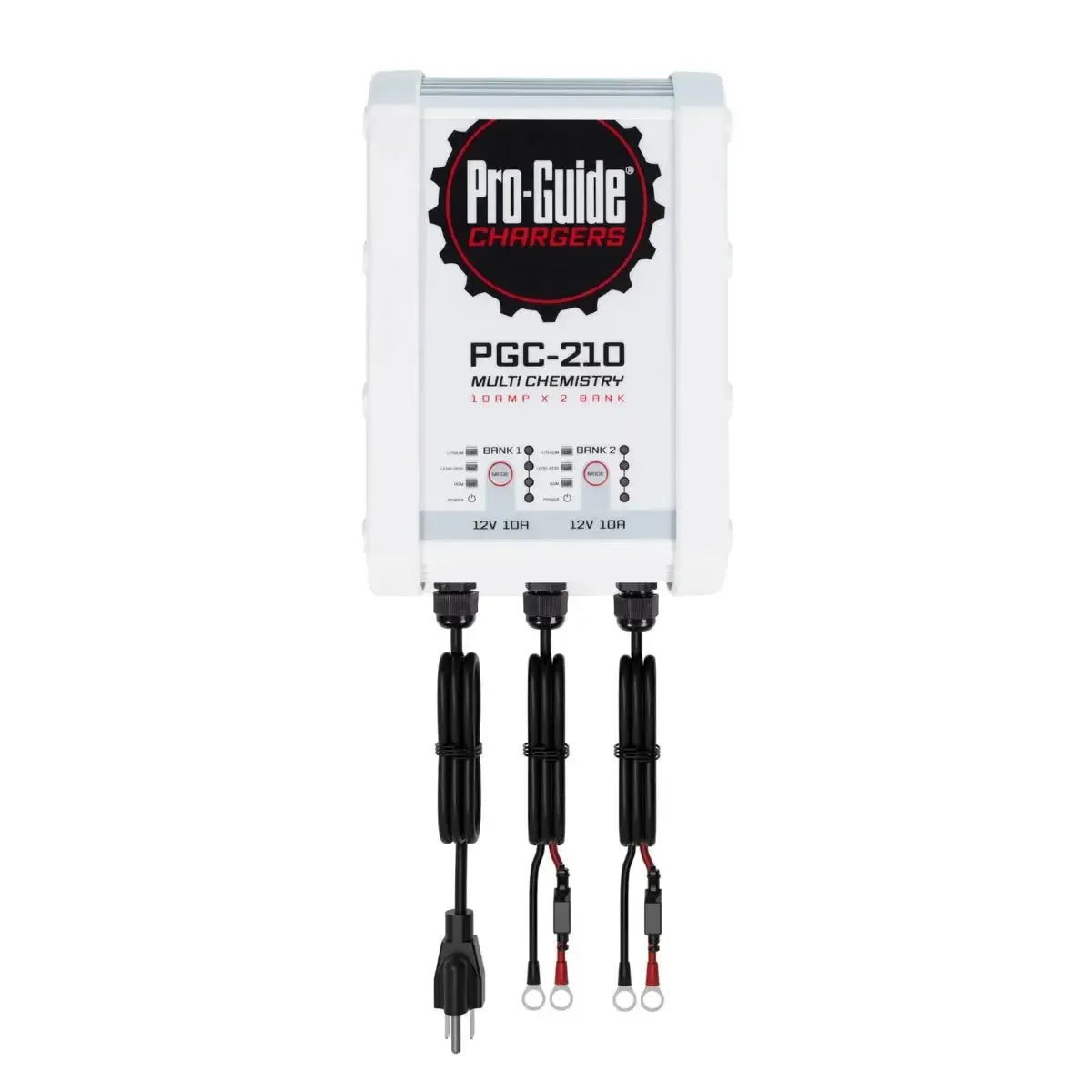 White Pro-Guide PGC-210 2-bank multi-chemistry battery charger with black cables and ring terminals.