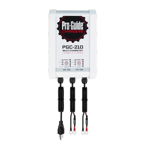 White Pro-Guide PGC-210 2-bank multi-chemistry battery charger with black cables and ring terminals.