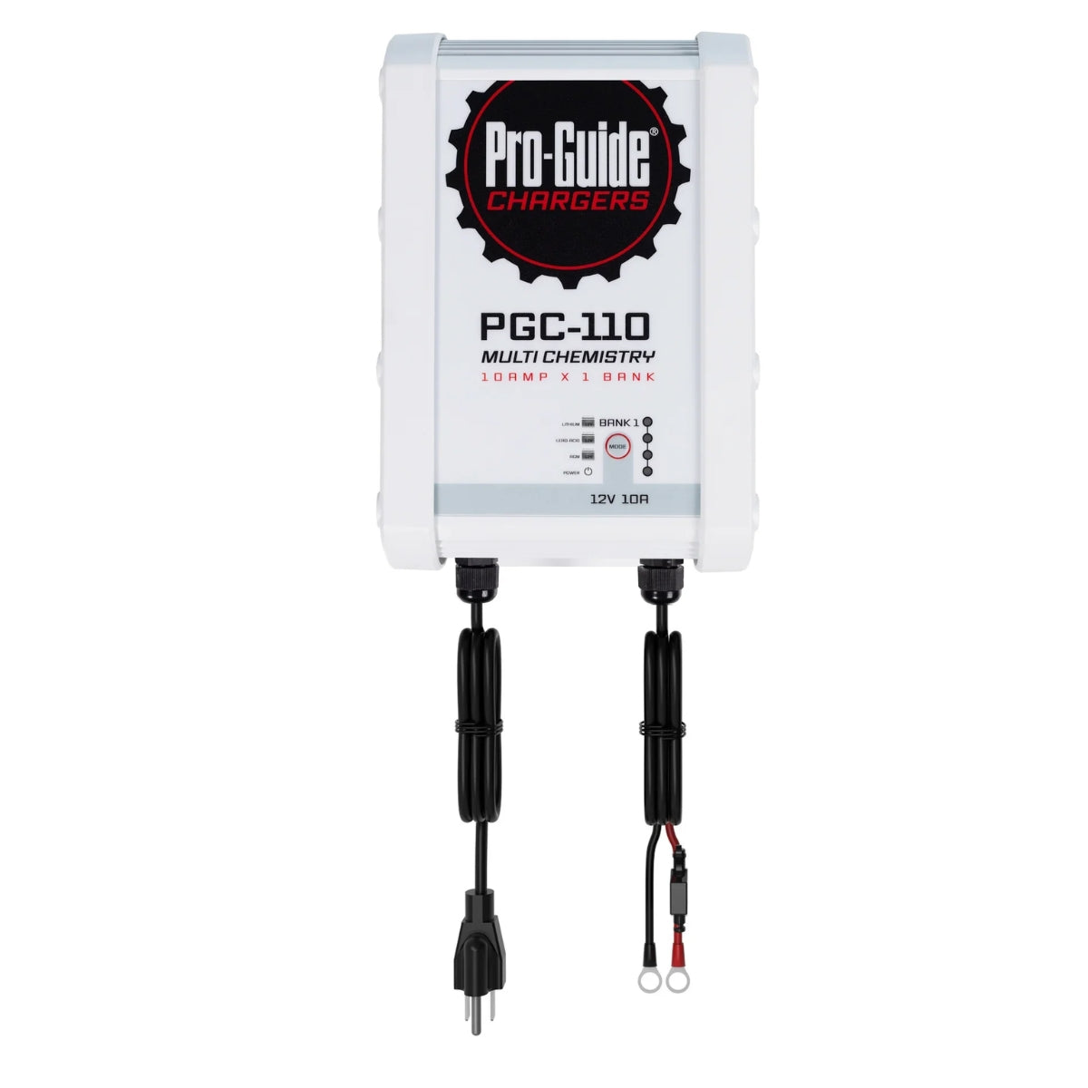 White Pro-Guide PGC-110 multi-chemistry 10 amp x 1 bank battery charger with black cables.